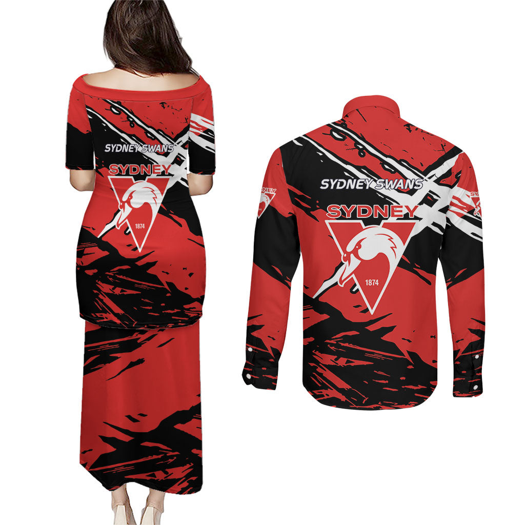 Sydney Swans Football Club Couples Matching Puletasi and Long Sleeve Button Shirt Swans Muscular Mascot Graphic - Abstract Paint Splatter Art