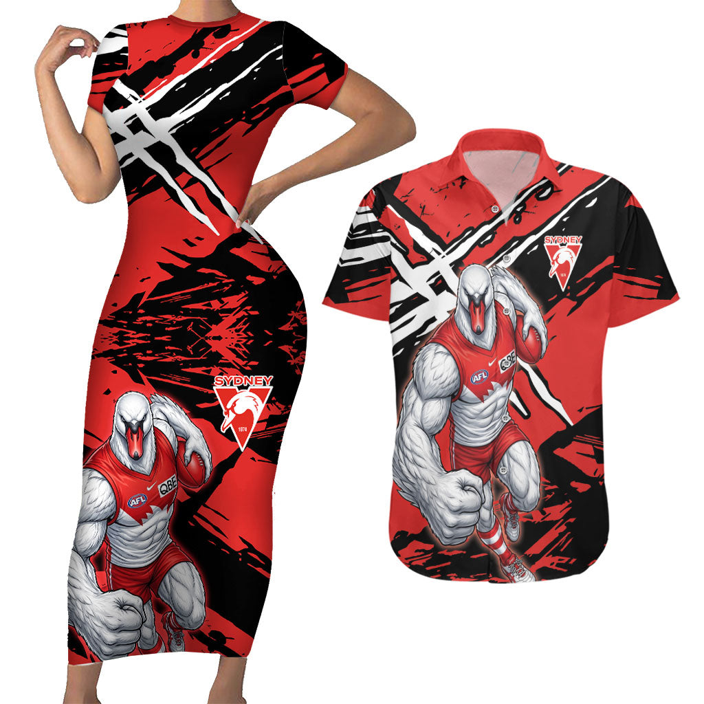 Sydney Swans Football Club Couples Matching Short Sleeve Bodycon Dress and Hawaiian Shirt Swans Muscular Mascot Graphic - Abstract Paint Splatter Art
