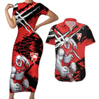 Sydney Swans Football Club Couples Matching Short Sleeve Bodycon Dress and Hawaiian Shirt Swans Muscular Mascot Graphic - Abstract Paint Splatter Art