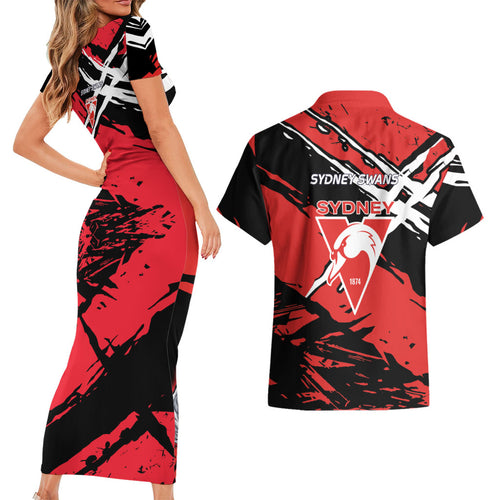 Sydney Swans Football Club Couples Matching Short Sleeve Bodycon Dress and Hawaiian Shirt Swans Muscular Mascot Graphic - Abstract Paint Splatter Art