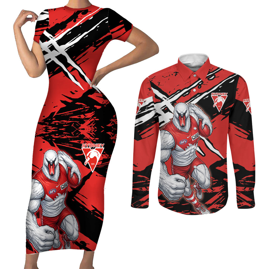 Sydney Swans Football Club Couples Matching Short Sleeve Bodycon Dress and Long Sleeve Button Shirt Swans Muscular Mascot Graphic - Abstract Paint Splatter Art
