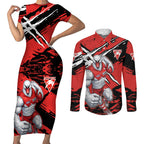 Sydney Swans Football Club Couples Matching Short Sleeve Bodycon Dress and Long Sleeve Button Shirt Swans Muscular Mascot Graphic - Abstract Paint Splatter Art