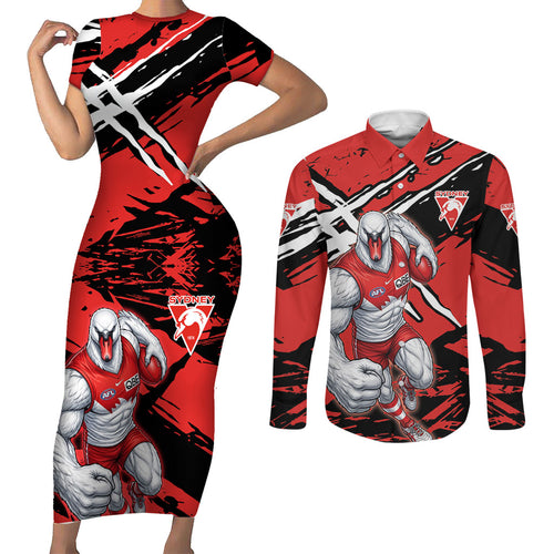 Sydney Swans Football Club Couples Matching Short Sleeve Bodycon Dress and Long Sleeve Button Shirt Swans Muscular Mascot Graphic - Abstract Paint Splatter Art