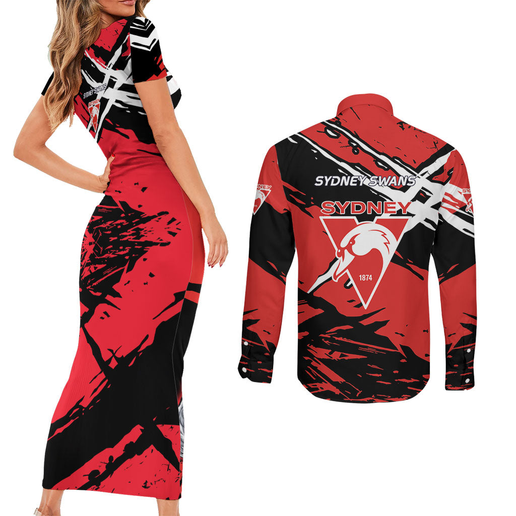 Sydney Swans Football Club Couples Matching Short Sleeve Bodycon Dress and Long Sleeve Button Shirt Swans Muscular Mascot Graphic - Abstract Paint Splatter Art