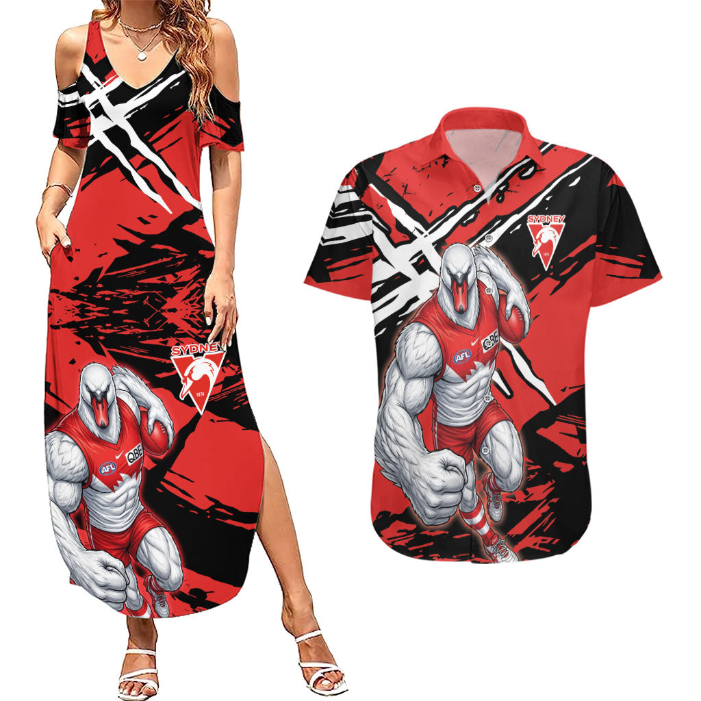 Sydney Swans Football Club Couples Matching Summer Maxi Dress and Hawaiian Shirt Swans Muscular Mascot Graphic - Abstract Paint Splatter Art