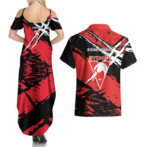 Sydney Swans Football Club Couples Matching Summer Maxi Dress and Hawaiian Shirt Swans Muscular Mascot Graphic - Abstract Paint Splatter Art