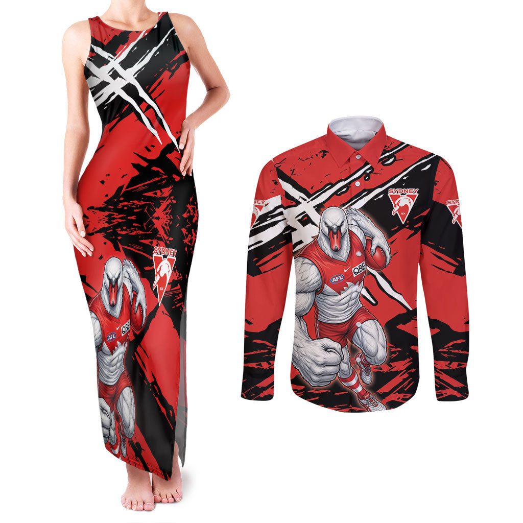 Sydney Swans Football Club Couples Matching Tank Maxi Dress and Long Sleeve Button Shirt Swans Muscular Mascot Graphic - Abstract Paint Splatter Art
