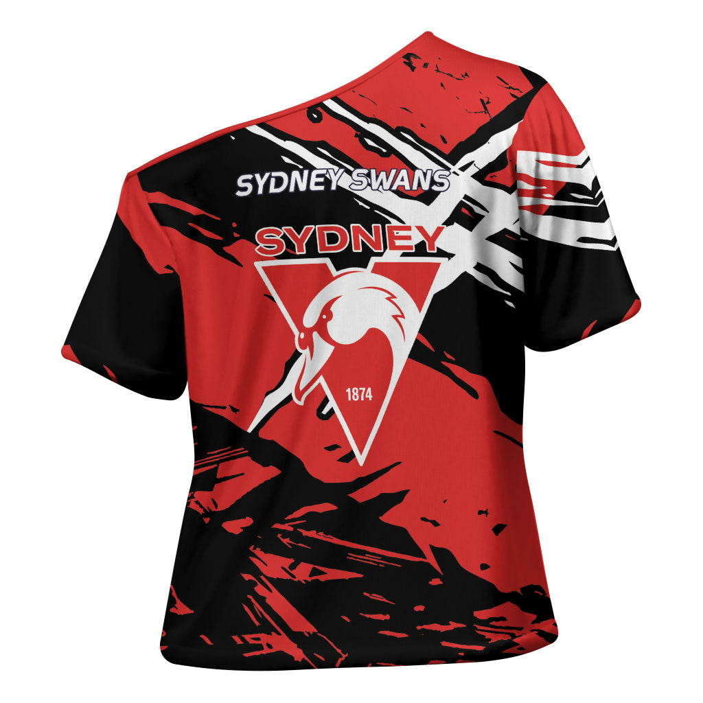 Sydney Swans Football Club Cross Shoulder Shirt Swans Muscular Mascot Graphic - Abstract Paint Splatter Art
