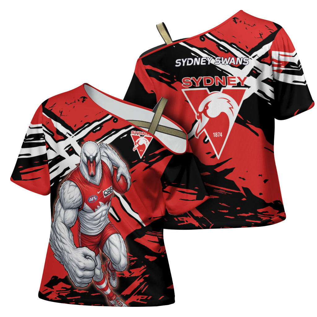 Sydney Swans Football Club Cross Shoulder Shirt Swans Muscular Mascot Graphic - Abstract Paint Splatter Art