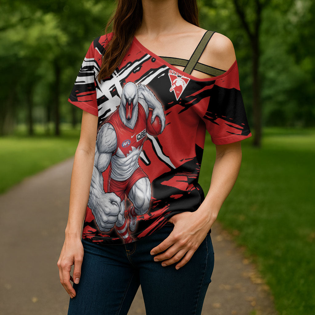 Sydney Swans Football Club Cross Shoulder Shirt Swans Muscular Mascot Graphic - Abstract Paint Splatter Art