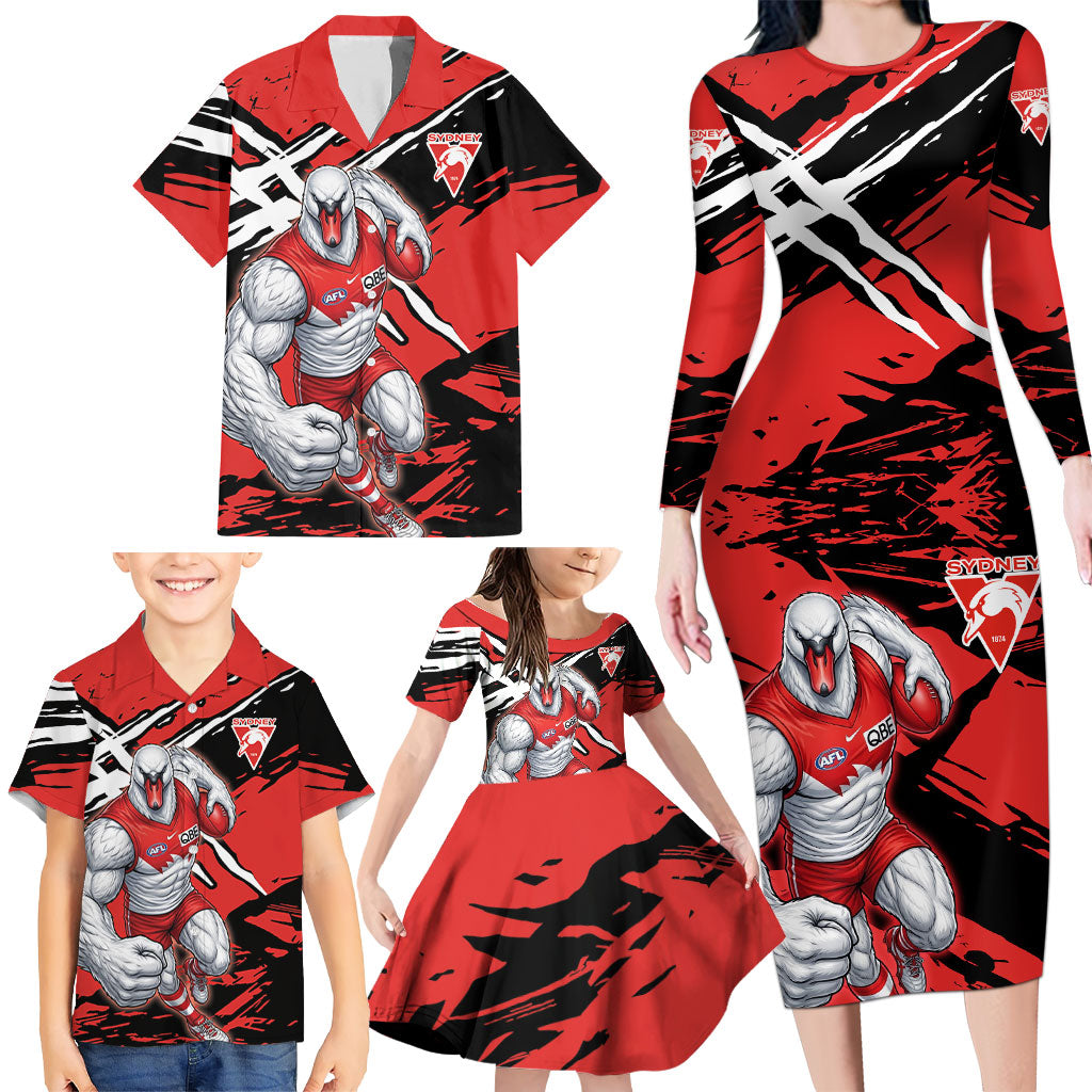 Sydney Swans Football Club Family Matching Long Sleeve Bodycon Dress and Hawaiian Shirt Swans Muscular Mascot Graphic - Abstract Paint Splatter Art