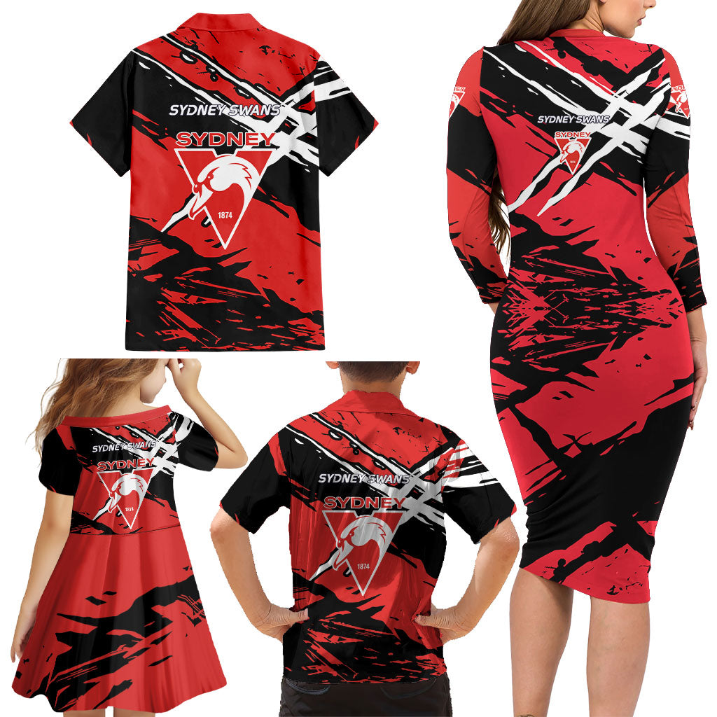 Sydney Swans Football Club Family Matching Long Sleeve Bodycon Dress and Hawaiian Shirt Swans Muscular Mascot Graphic - Abstract Paint Splatter Art