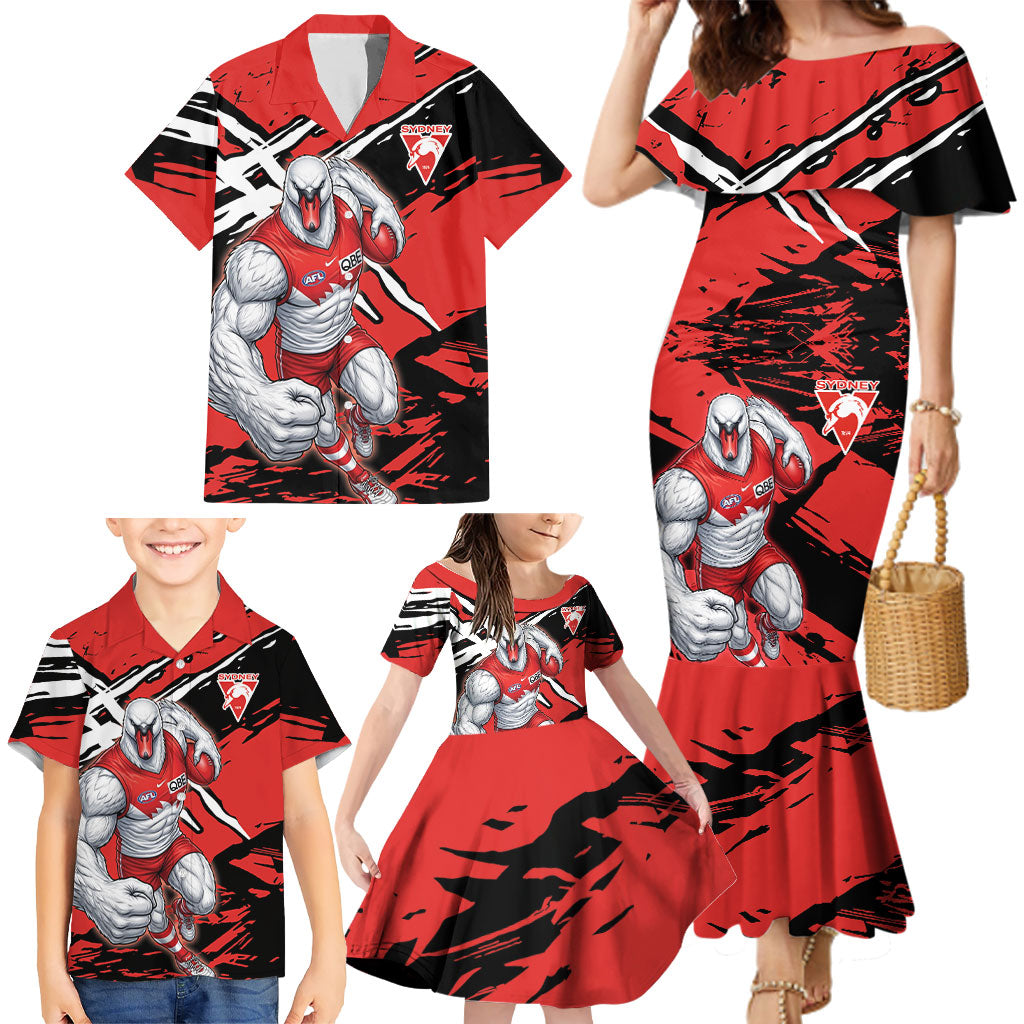Sydney Swans Football Club Family Matching Mermaid Dress and Hawaiian Shirt Swans Muscular Mascot Graphic - Abstract Paint Splatter Art