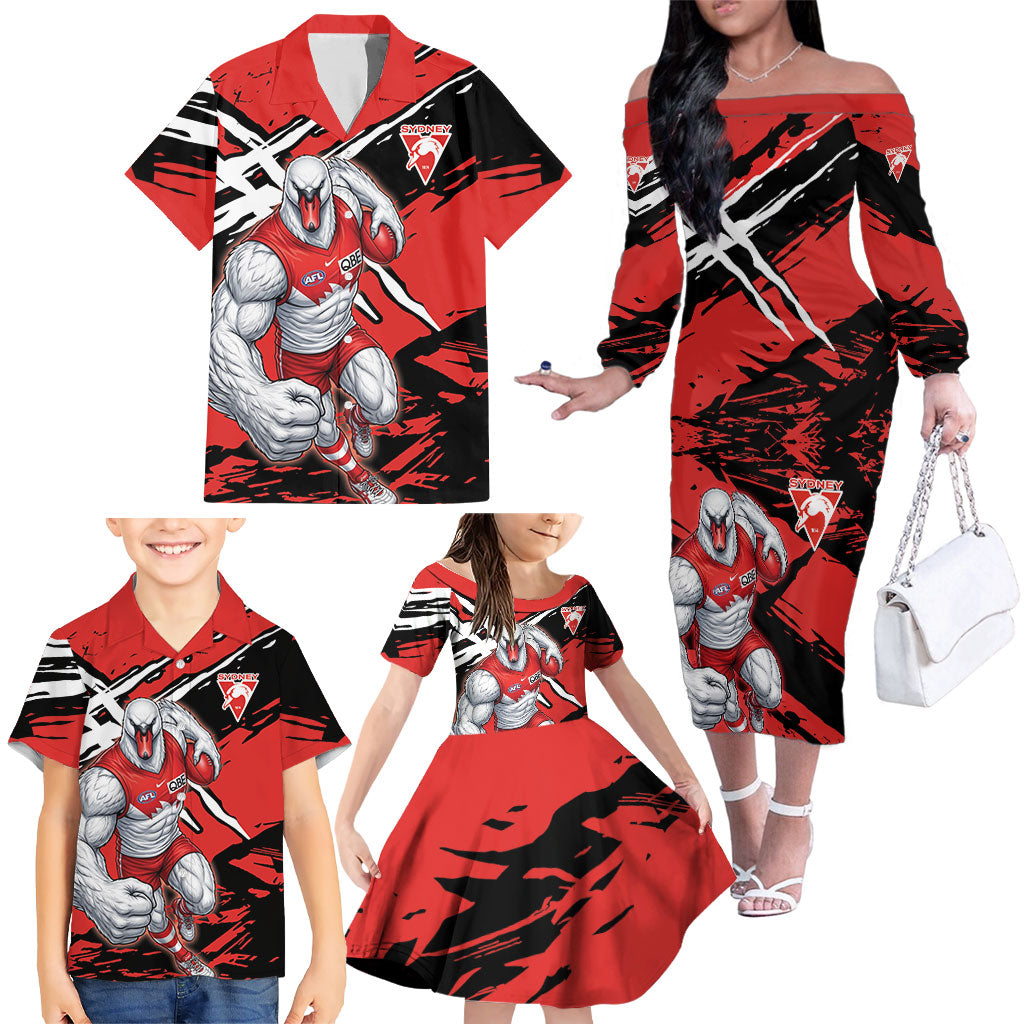 Sydney Swans Football Club Family Matching Off The Shoulder Long Sleeve Dress and Hawaiian Shirt Swans Muscular Mascot Graphic - Abstract Paint Splatter Art