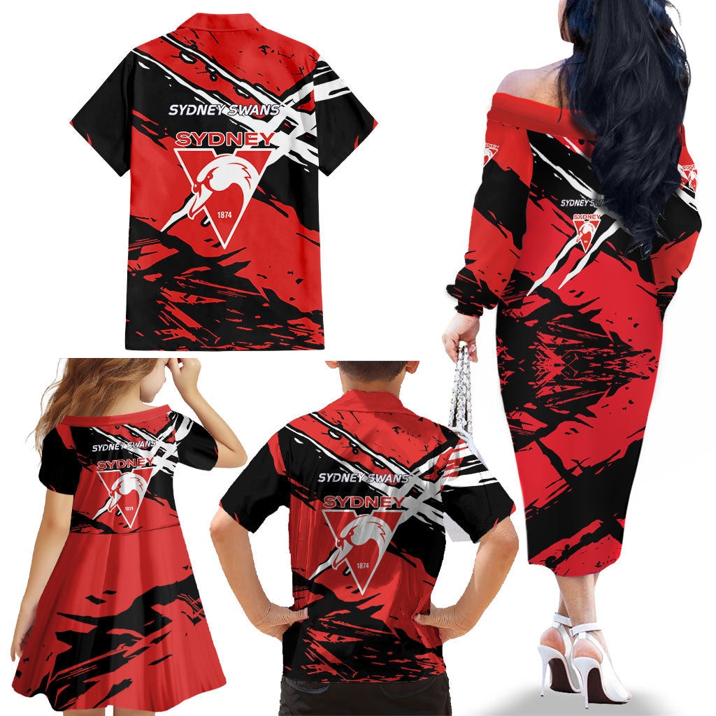 Sydney Swans Football Club Family Matching Off The Shoulder Long Sleeve Dress and Hawaiian Shirt Swans Muscular Mascot Graphic - Abstract Paint Splatter Art