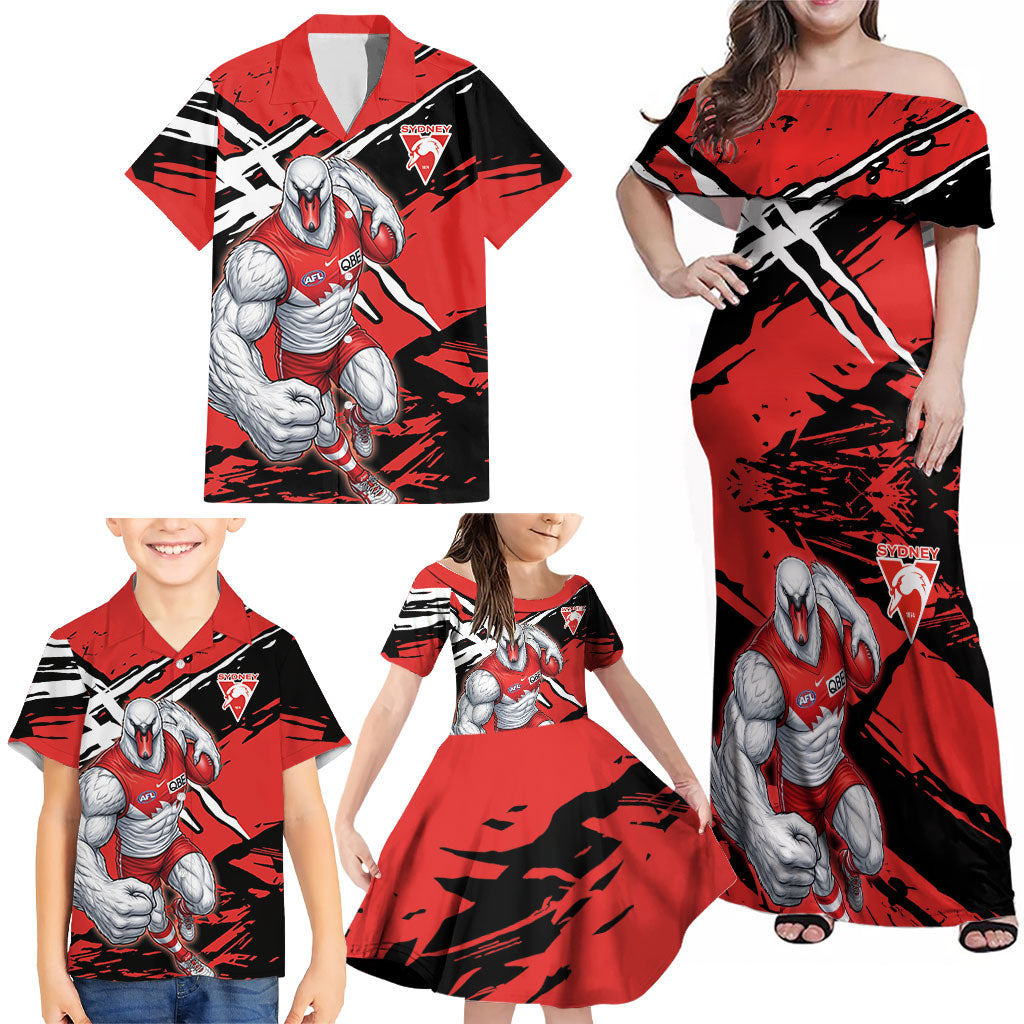 Sydney Swans Football Club Family Matching Off Shoulder Maxi Dress and Hawaiian Shirt Swans Muscular Mascot Graphic - Abstract Paint Splatter Art