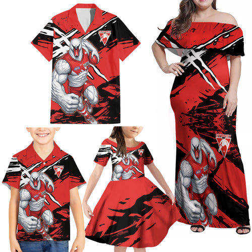 Sydney Swans Football Club Family Matching Off Shoulder Maxi Dress and Hawaiian Shirt Swans Muscular Mascot Graphic - Abstract Paint Splatter Art