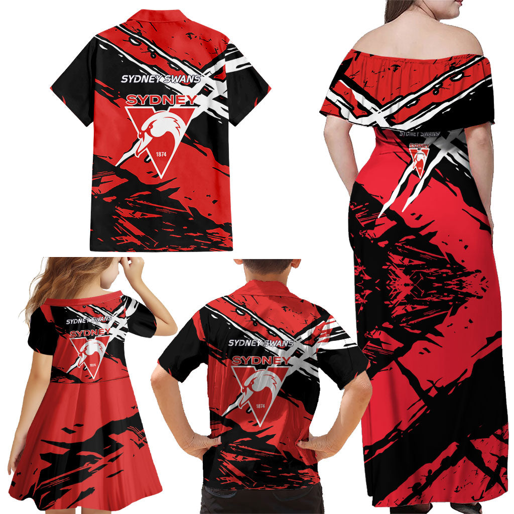 Sydney Swans Football Club Family Matching Off Shoulder Maxi Dress and Hawaiian Shirt Swans Muscular Mascot Graphic - Abstract Paint Splatter Art