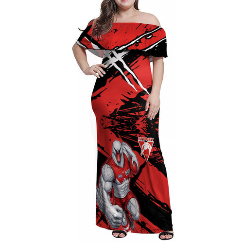 Sydney Swans Football Club Family Matching Off Shoulder Maxi Dress and Hawaiian Shirt Swans Muscular Mascot Graphic - Abstract Paint Splatter Art