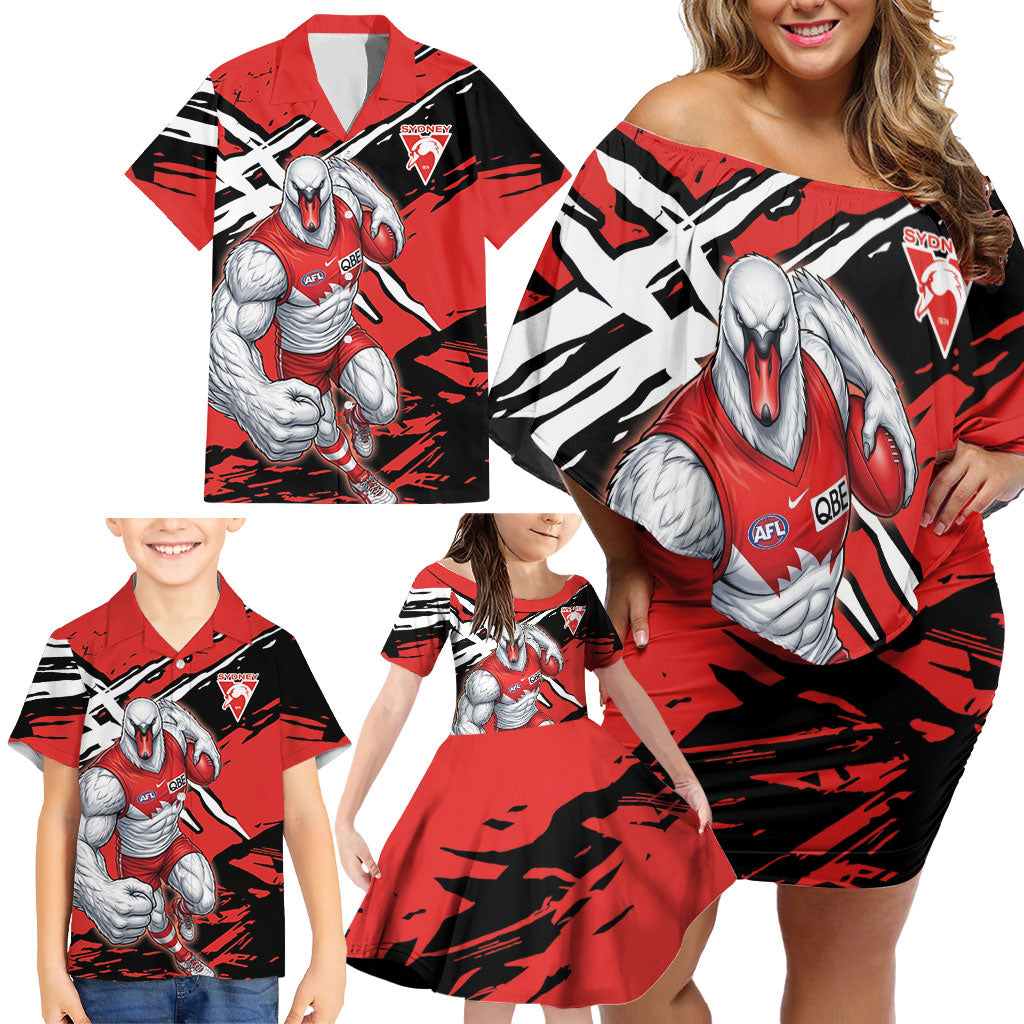 Sydney Swans Football Club Family Matching Off Shoulder Short Dress and Hawaiian Shirt Swans Muscular Mascot Graphic - Abstract Paint Splatter Art