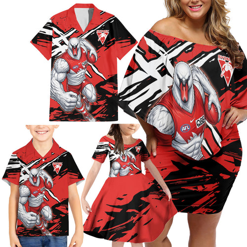 Sydney Swans Football Club Family Matching Off Shoulder Short Dress and Hawaiian Shirt Swans Muscular Mascot Graphic - Abstract Paint Splatter Art