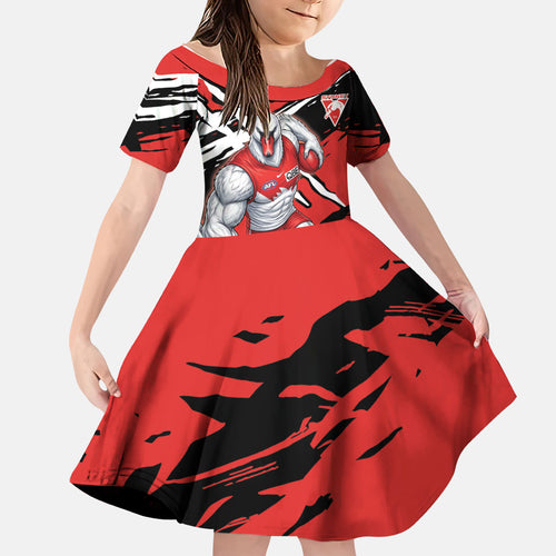 Sydney Swans Football Club Family Matching Off Shoulder Short Dress and Hawaiian Shirt Swans Muscular Mascot Graphic - Abstract Paint Splatter Art