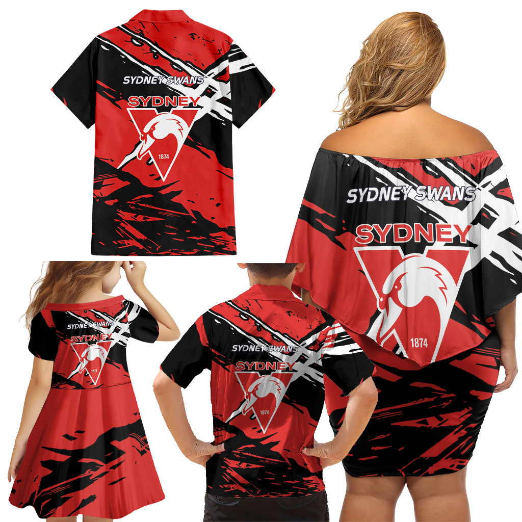 Sydney Swans Football Club Family Matching Off Shoulder Short Dress and Hawaiian Shirt Swans Muscular Mascot Graphic - Abstract Paint Splatter Art