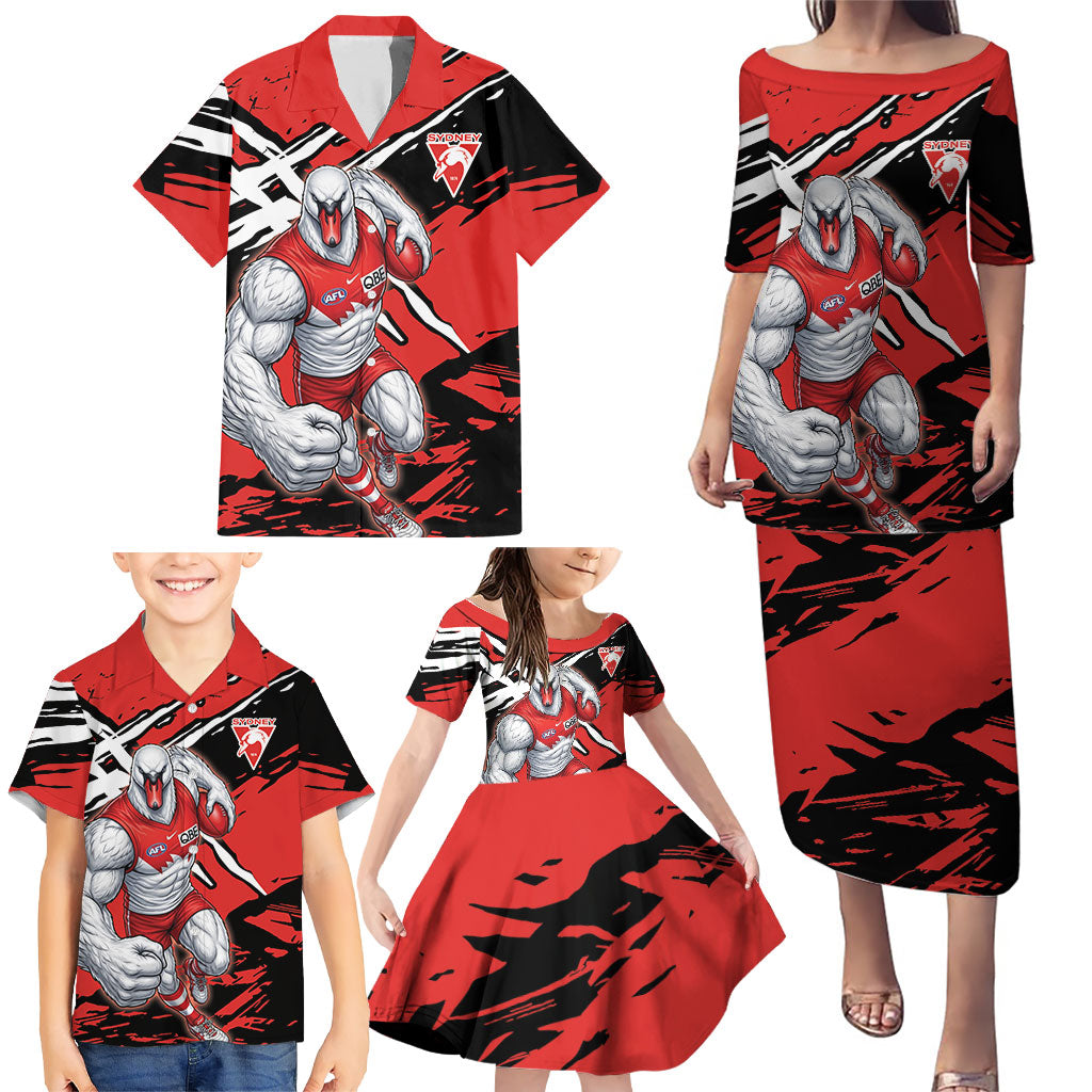 Sydney Swans Football Club Family Matching Puletasi and Hawaiian Shirt Swans Muscular Mascot Graphic - Abstract Paint Splatter Art