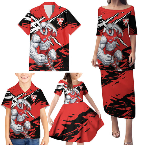 Sydney Swans Football Club Family Matching Puletasi and Hawaiian Shirt Swans Muscular Mascot Graphic - Abstract Paint Splatter Art