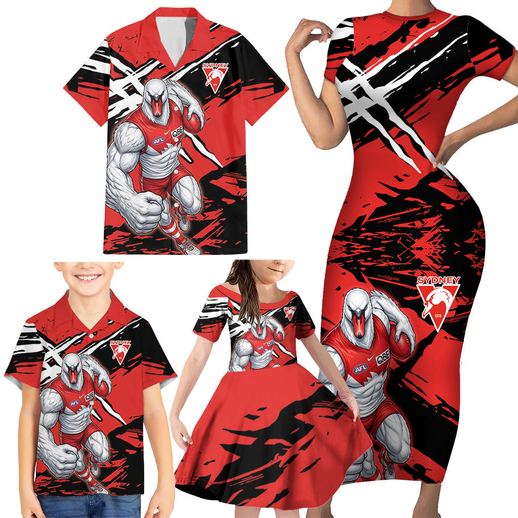Sydney Swans Football Club Family Matching Short Sleeve Bodycon Dress and Hawaiian Shirt Swans Muscular Mascot Graphic - Abstract Paint Splatter Art