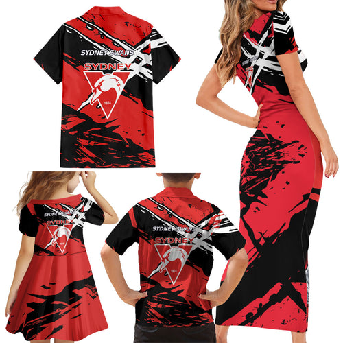 Sydney Swans Football Club Family Matching Short Sleeve Bodycon Dress and Hawaiian Shirt Swans Muscular Mascot Graphic - Abstract Paint Splatter Art
