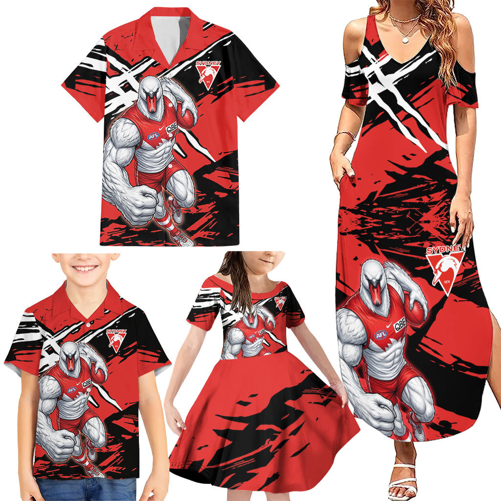 Sydney Swans Football Club Family Matching Summer Maxi Dress and Hawaiian Shirt Swans Muscular Mascot Graphic - Abstract Paint Splatter Art