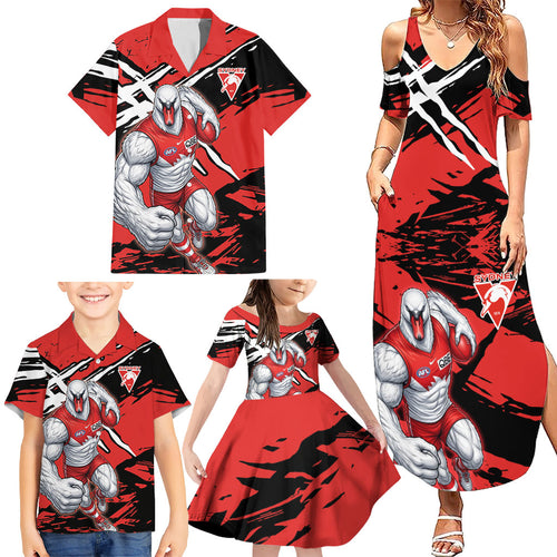 Sydney Swans Football Club Family Matching Summer Maxi Dress and Hawaiian Shirt Swans Muscular Mascot Graphic - Abstract Paint Splatter Art