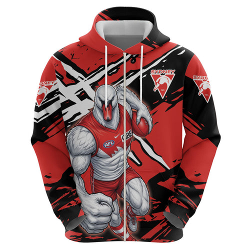 Sydney Swans Football Club Hoodie Swans Muscular Mascot Graphic - Abstract Paint Splatter Art