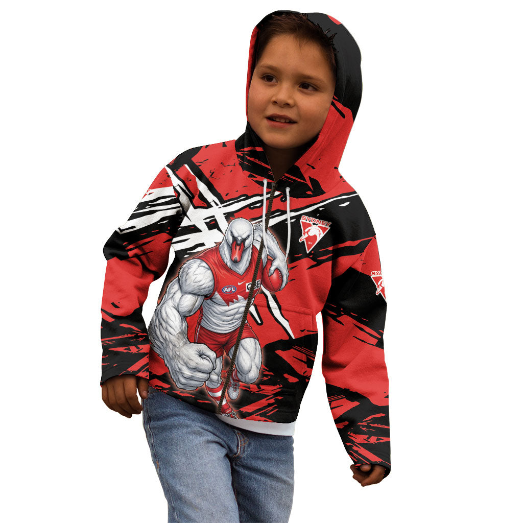 Sydney Swans Football Club Kid Hoodie Swans Muscular Mascot Graphic - Abstract Paint Splatter Art