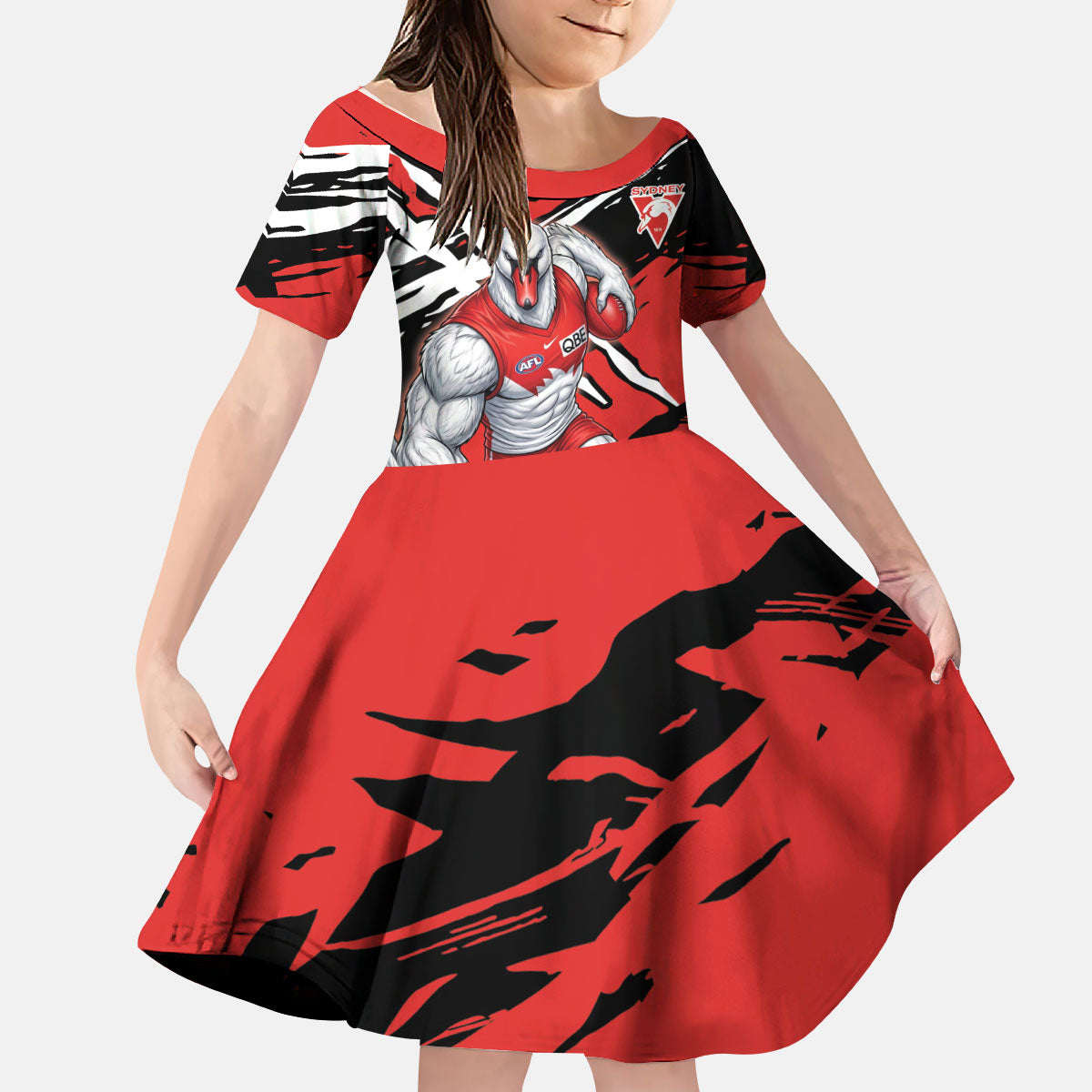 Sydney Swans Football Club Kid Short Sleeve Dress Swans Muscular Mascot Graphic - Abstract Paint Splatter Art