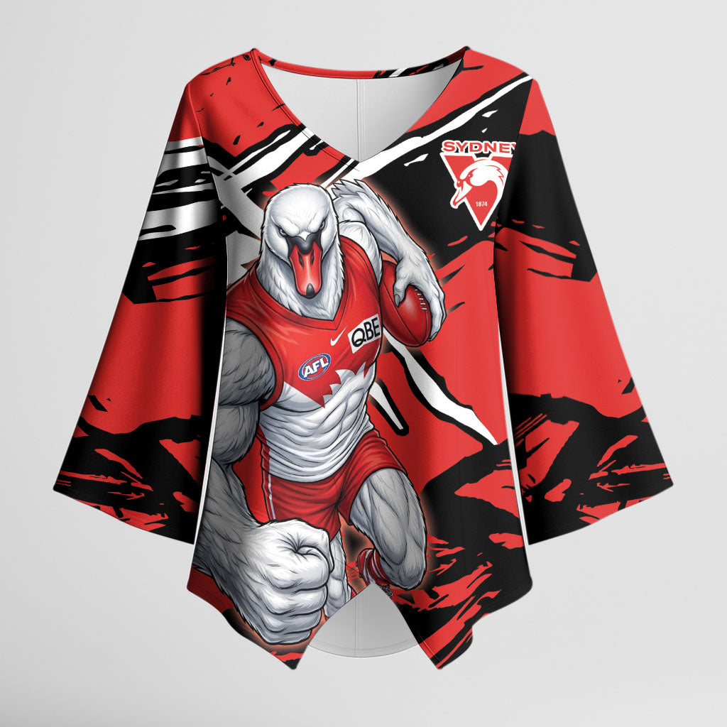 Sydney Swans Football Club Kimono Sleeve Blouse Swans Muscular Mascot Graphic - Abstract Paint Splatter Art