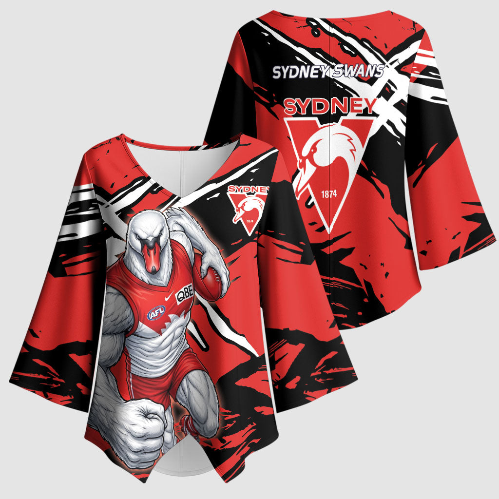 Sydney Swans Football Club Kimono Sleeve Blouse Swans Muscular Mascot Graphic - Abstract Paint Splatter Art