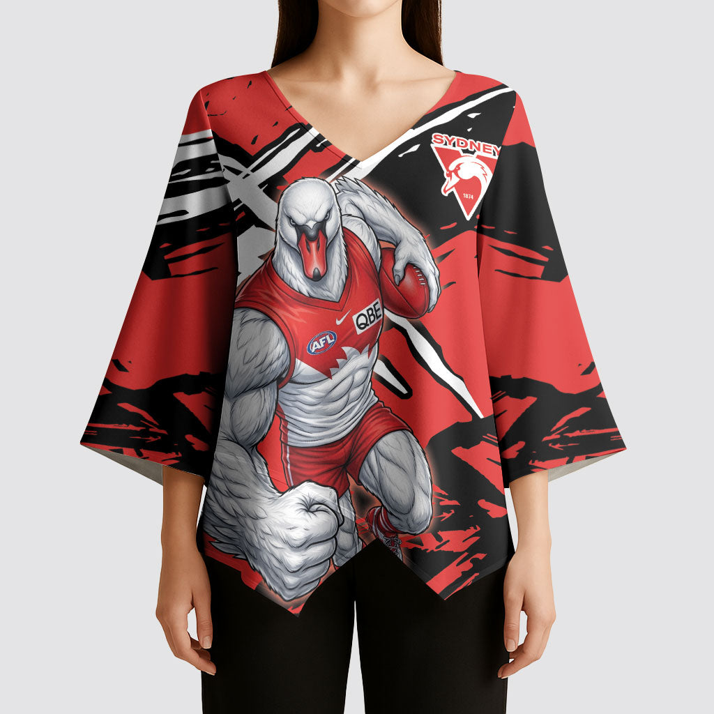 Sydney Swans Football Club Kimono Sleeve Blouse Swans Muscular Mascot Graphic - Abstract Paint Splatter Art