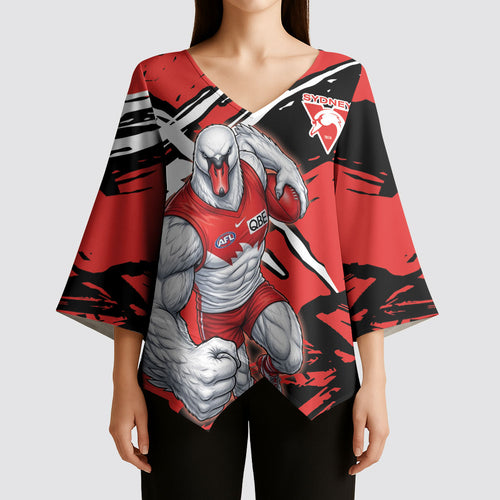 Sydney Swans Football Club Kimono Sleeve Blouse Swans Muscular Mascot Graphic - Abstract Paint Splatter Art