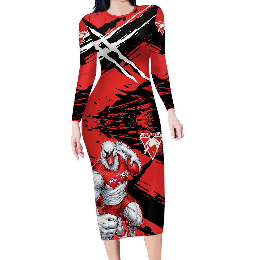 Sydney Swans Football Club Long Sleeve Bodycon Dress Swans Muscular Mascot Graphic - Abstract Paint Splatter Art