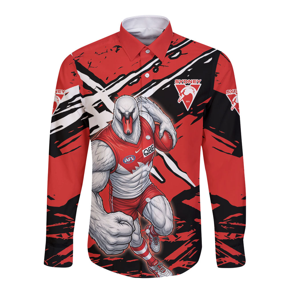 Sydney Swans Football Club Long Sleeve Button Shirt Swans Muscular Mascot Graphic - Abstract Paint Splatter Art