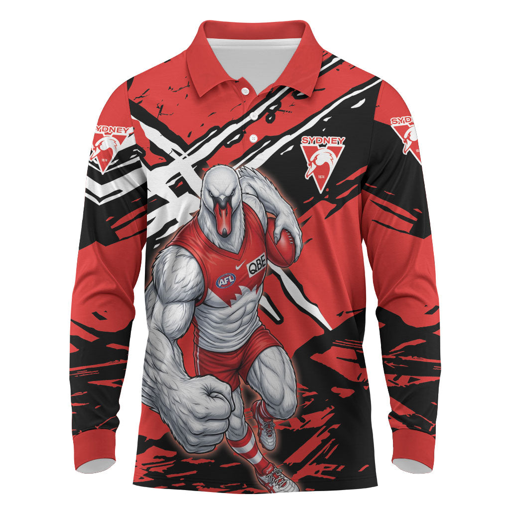 Sydney Swans Football Club Long Sleeve Polo Shirt Swans Muscular Mascot Graphic - Abstract Paint Splatter Art