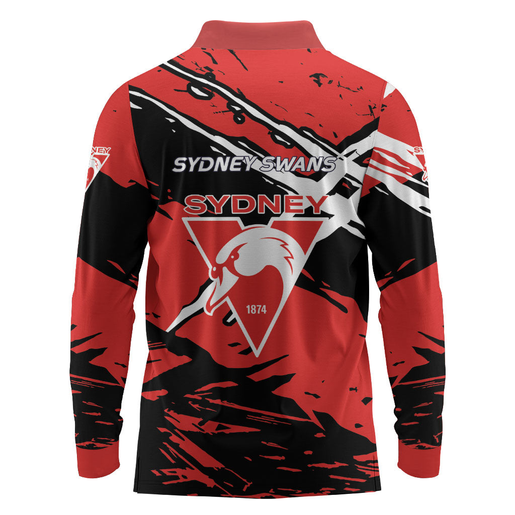 Sydney Swans Football Club Long Sleeve Polo Shirt Swans Muscular Mascot Graphic - Abstract Paint Splatter Art