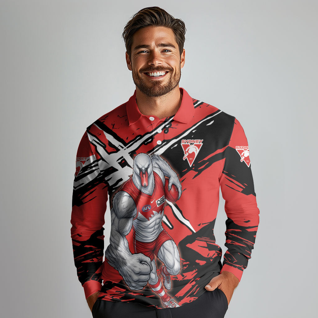Sydney Swans Football Club Long Sleeve Polo Shirt Swans Muscular Mascot Graphic - Abstract Paint Splatter Art