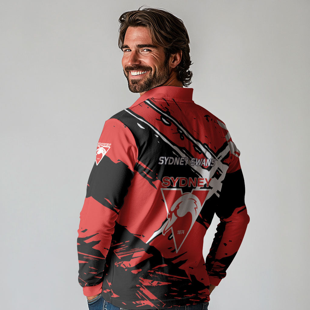 Sydney Swans Football Club Long Sleeve Polo Shirt Swans Muscular Mascot Graphic - Abstract Paint Splatter Art