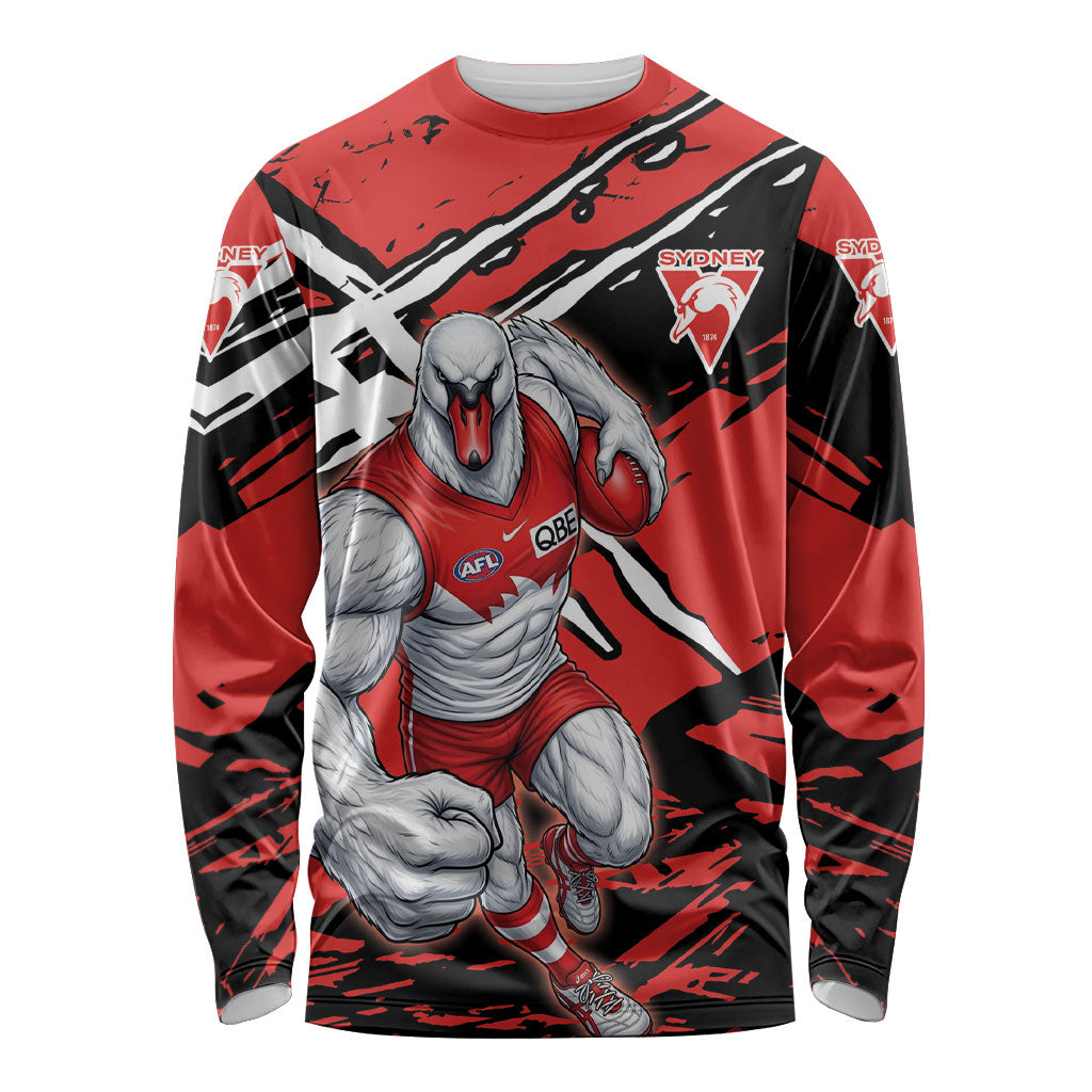 Sydney Swans Football Club Long Sleeve Shirt Swans Muscular Mascot Graphic - Abstract Paint Splatter Art