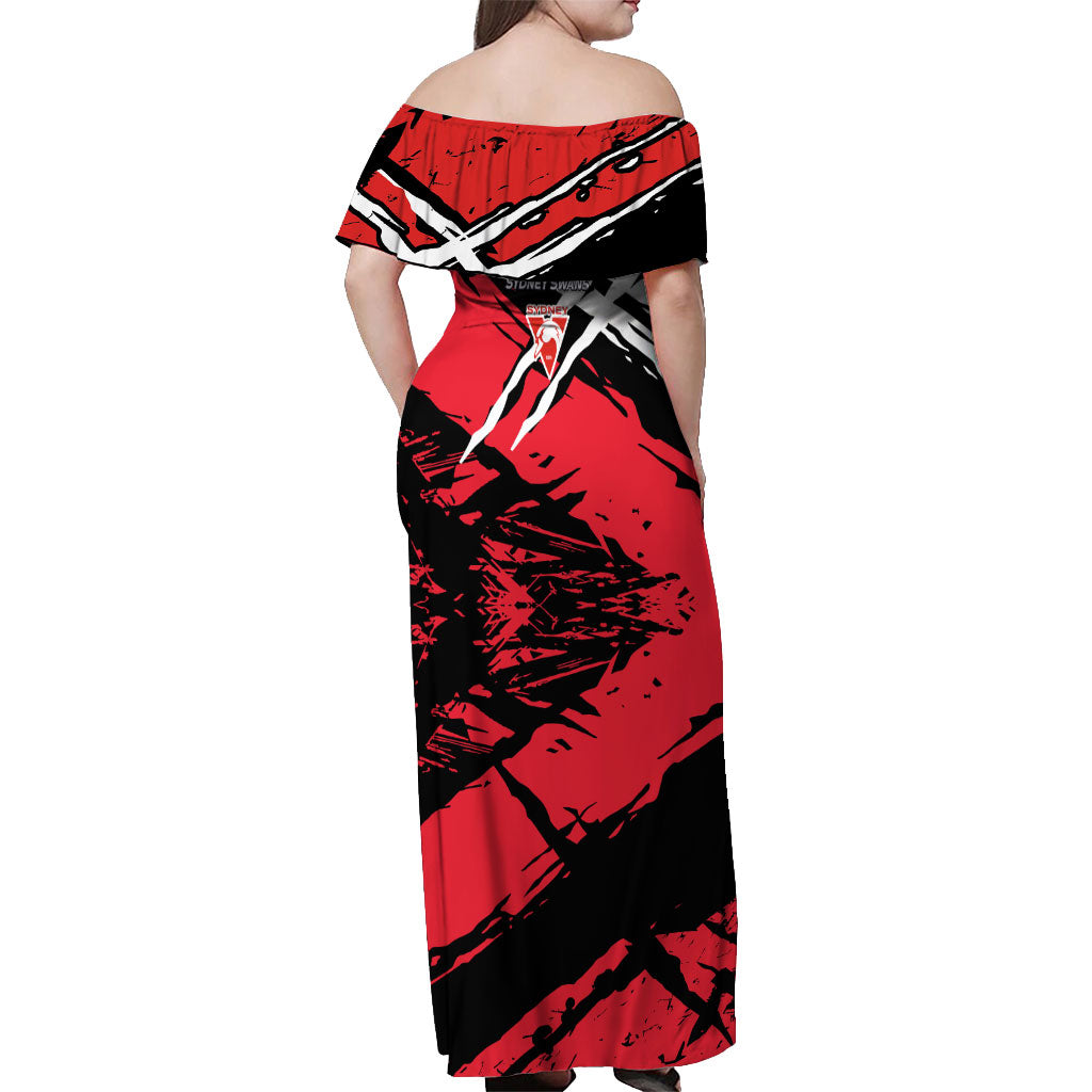 Sydney Swans Football Club Off Shoulder Maxi Dress Swans Muscular Mascot Graphic - Abstract Paint Splatter Art
