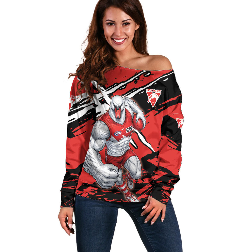 Sydney Swans Football Club Off Shoulder Sweater Swans Muscular Mascot Graphic - Abstract Paint Splatter Art