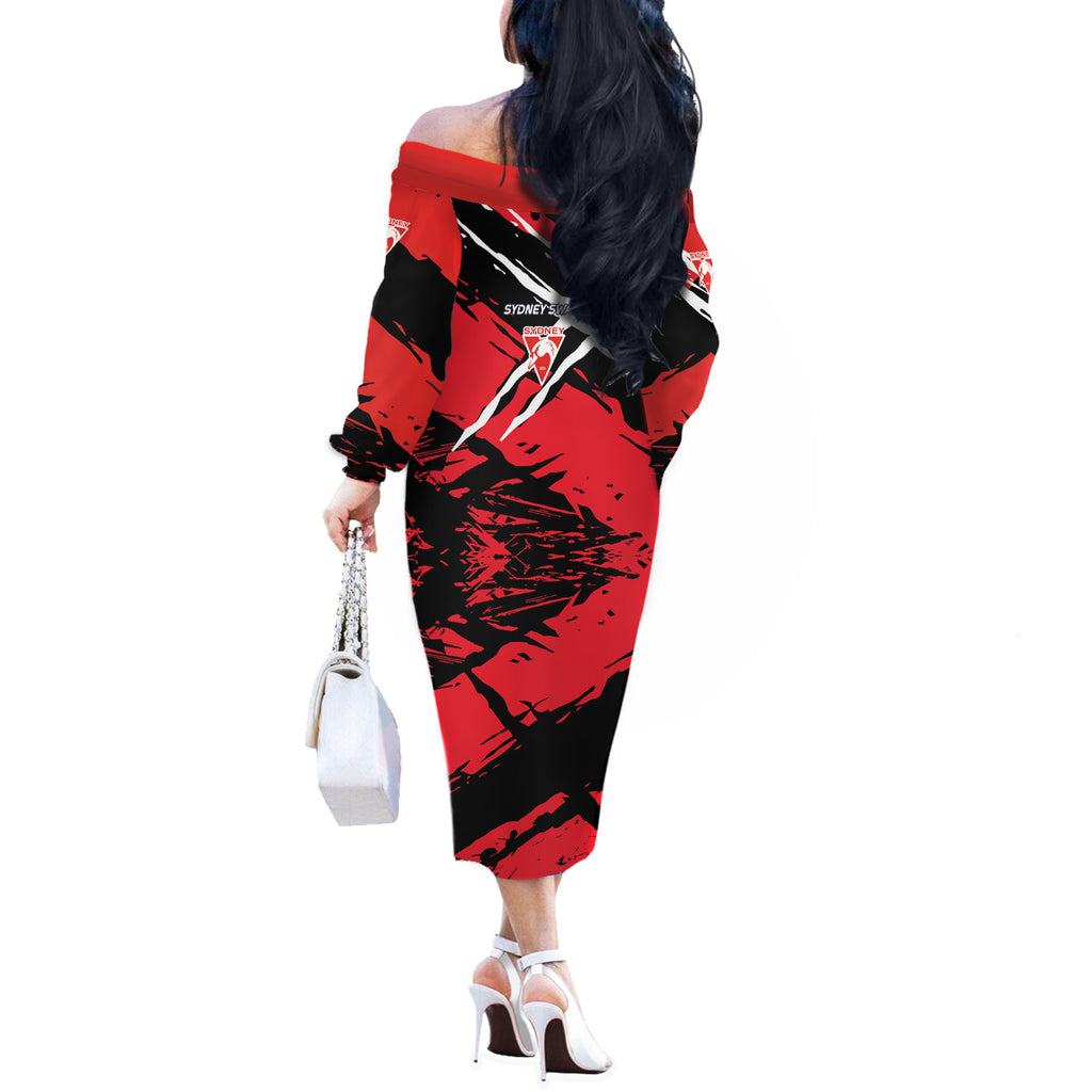 Sydney Swans Football Club Off The Shoulder Long Sleeve Dress Swans Muscular Mascot Graphic - Abstract Paint Splatter Art